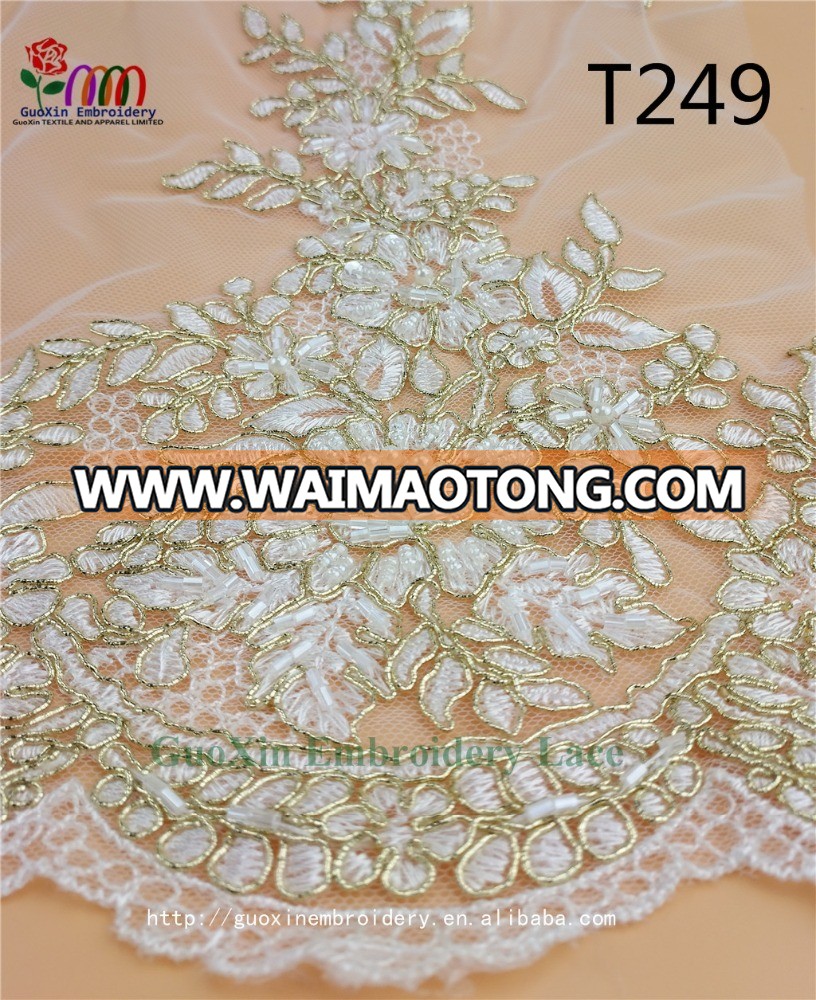 Hot selling gold color embroidery lace fabric with beaded lace